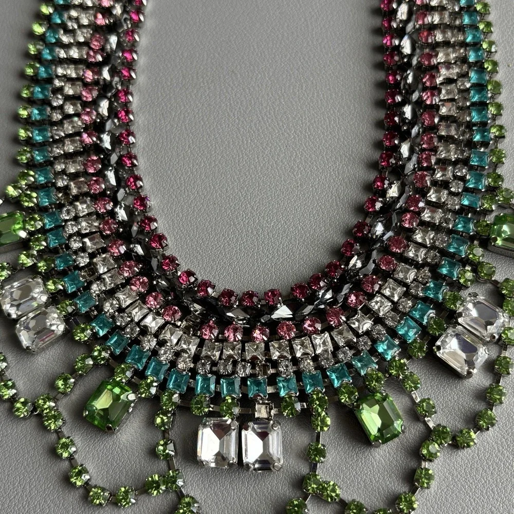 Vintage Juicy Couture Pink Green Rhinestone Statement Bib Necklace 15